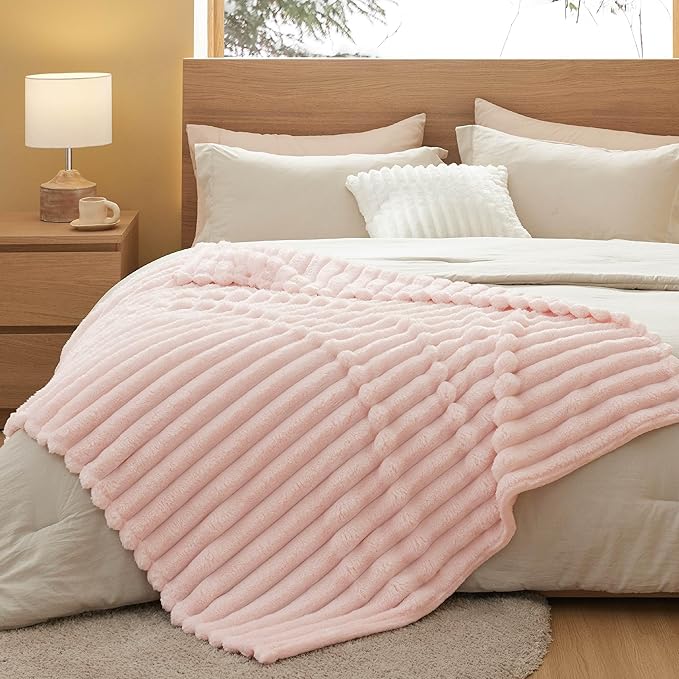 Bedsure Pink Throw Fuzzy Blanket for Couch - 350GSM Super GentleSoft Fluffy Cozy Plush Blankets for Women, Cute Small Fleece Throws for Girls, 50x60 Inches, Wider Striped Design