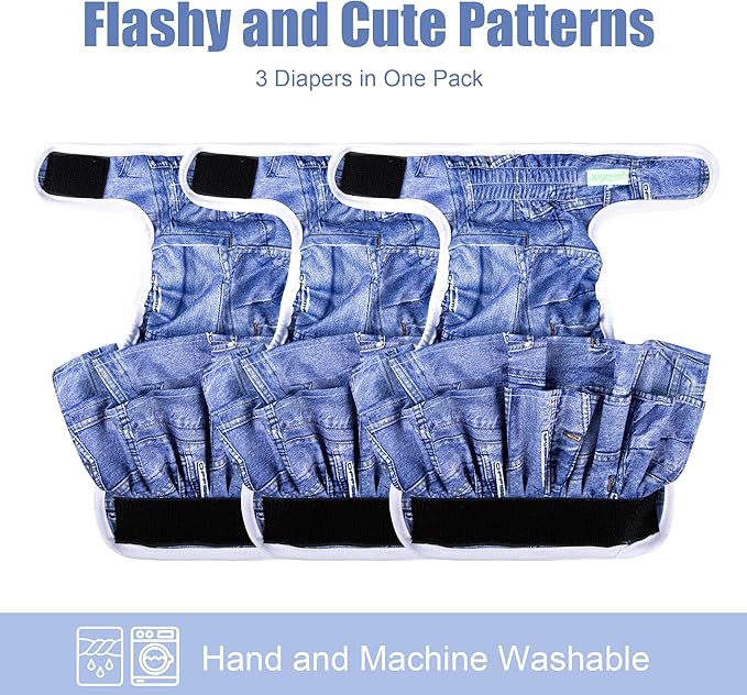 wegreeco Dog Diapers Female (3 Pack), Highly Absorbent Puppy Doggie Dog Diapers for Female Dogs Period, Washable Doggy in Heat, Small Medium Large Size (Classic Jeans, Small)