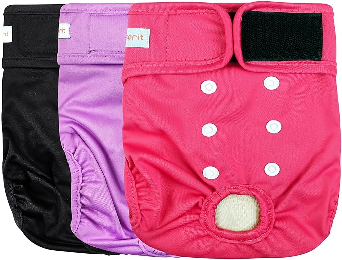 Langsprit Washable Female Dog Diapers (3 Pack) - No Leak Reusable Diapers for Doggy Female in Period - Highly Absorbent Dog Heat Panties with Adjustable Snaps (Black, Pink, Purple, Medium)