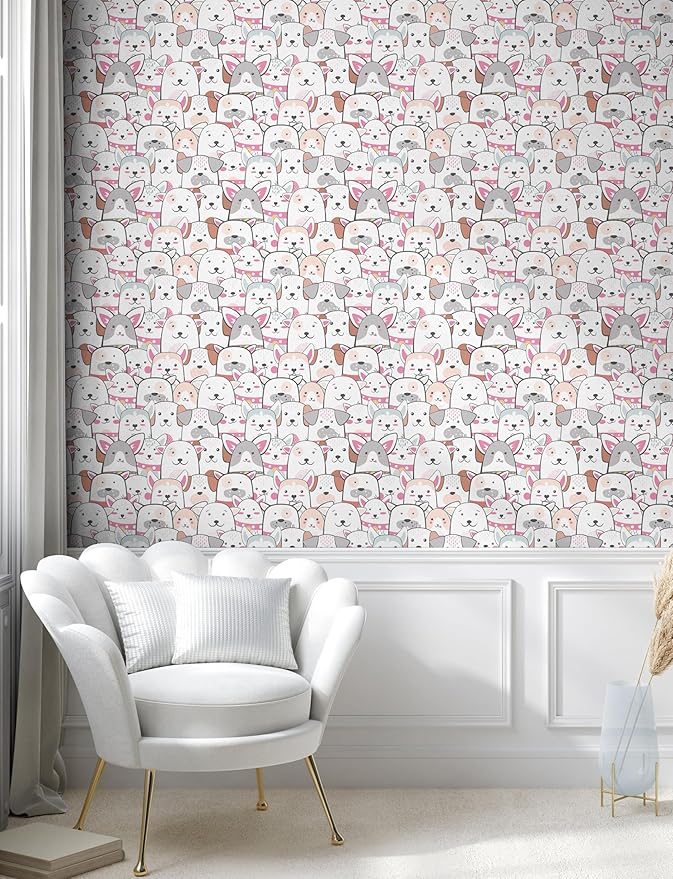 Ambesonne Dogs Peel & Stick Wallpaper for Home, Funny Animal Portraits with Smiles on Their Faces Cartoon Puppies Kawaii, Self-Adhesive Living Room Kitchen Accent, 13" x 100", Pink Grey and White