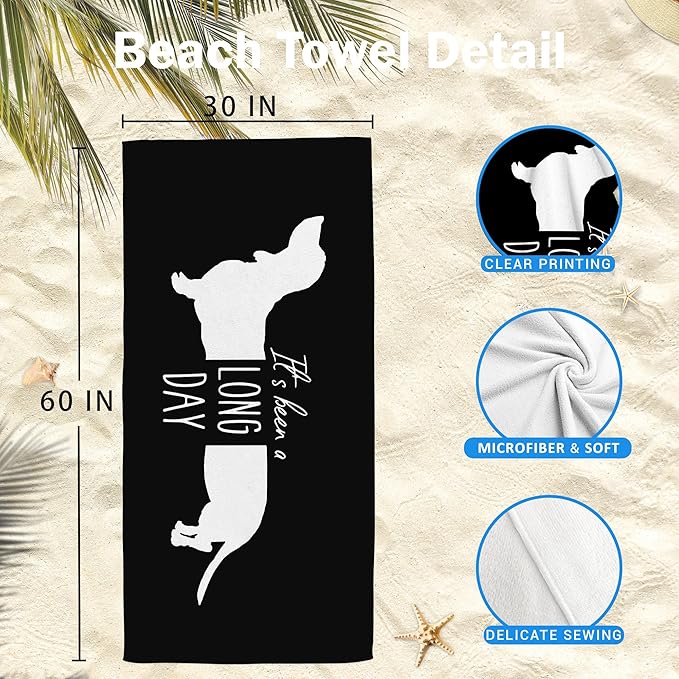 Black Dachshund Dog Beach Towel Gifts for Dog Lovers Owner, Funny It's Been A Long Day Microfiber Quick Dry Travel Sand Free Beach Towels Oversized Decor for Bathroom Swimming Pool 30x60 Inch