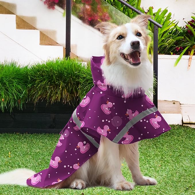 DELIFUR Large Dog Raincoat - Waterproof Dog Rain Poncho Adjustable Double Layer Rain Jacket with Hood for Medium Large Dogs Designed with Leash Hole Reflective Strip(Purple Duck, X-Large)