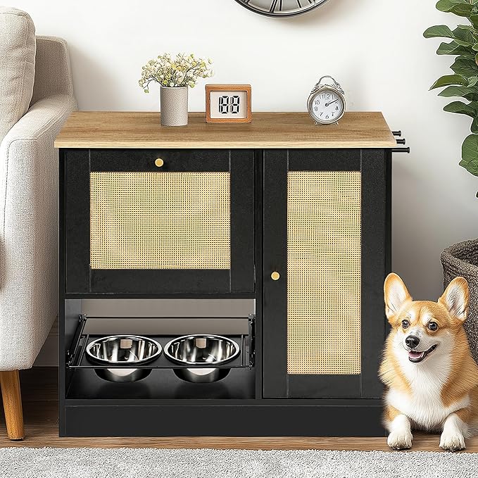 Pet Feeder Station with 2 Lockers, Dog Feeding Station Dog Food Toy Storage Cabinet Storage Container with 2 Pull Out Bowls, Adjustable Panel, Side Hooks, Rattan Door, Black (33.1" Lx14.6 Wx29.6 H)