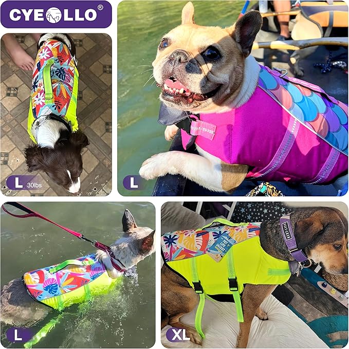 cyeollo Dog Life Jacket Reflective Mermaid Dog Life Vest for Swimming Boating, High Buoyancy Pet Life Preserver Lightweight Small Medium Large Dogs Lifejackets with Front Float, Pink L