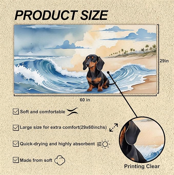 Dachshund Beach Towel, Weiner Dog Pool Towels, Watercolor Coastal Dachshund Sand Towel Large Bath Towels Gifts for Dachshund Lovers, Dachshund Gifts for Women, Weiner Dog Gifts, 29x60in