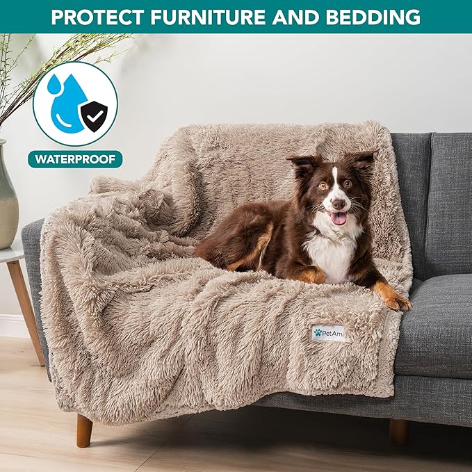 PetAmi Waterproof Dog Blanket for Large Dog, Calming Pet Blanket Bed Couch Cover Protector, Washable Sherpa Faux Fur Throw for Sofa Furniture Protection, Soft Fluffy 60x80 Taupe