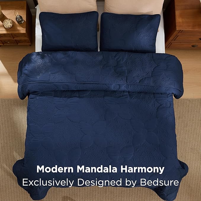 Bedsure King Size Quilt - Stitch-Free Ultrasonic Quilting, Navy Blue Bedspread with Modern Vintage Mandala Embossed Pattern, Lightweight All-Season Comforter & Coverlet, 106 x 96 Inches | Stitch-Free Quilting, Ultra Soft, Lightweight, Machine Washable,...