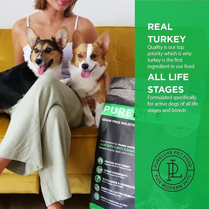 PURELUXE Grain and Gluten Free Dog Food, Healthy Activity Elite Nutrition, Turkey and Split Peas, for Indoor Puppies, High Activity, and Show Dogs During All Life Stages, Made in The USA, 22lbs
