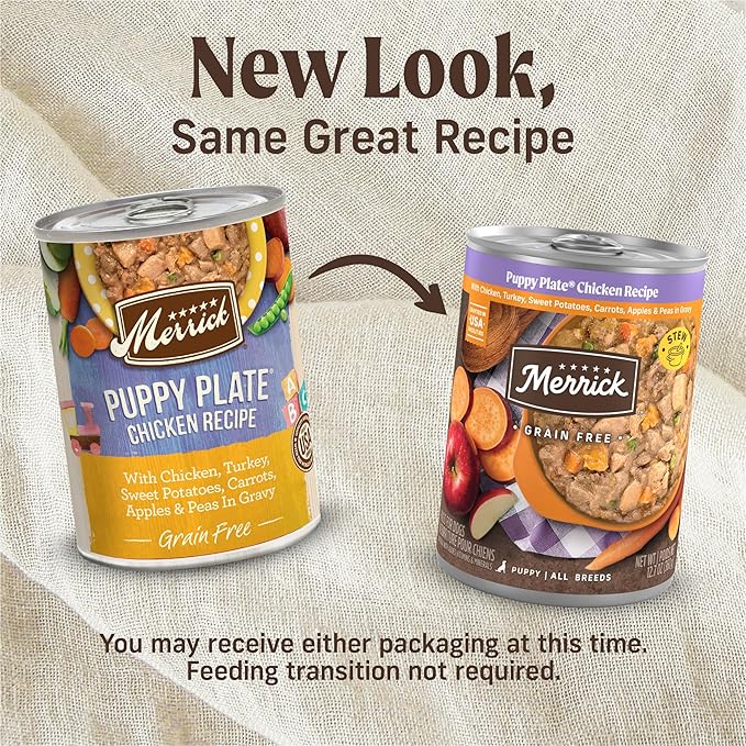 Merrick Grain Free Wet Puppy Food, Premium Soft And Gluten Free Canned Dog Food, Puppy Plate Chicken Recipe - (Pack of 12) 12.7 oz. Cans