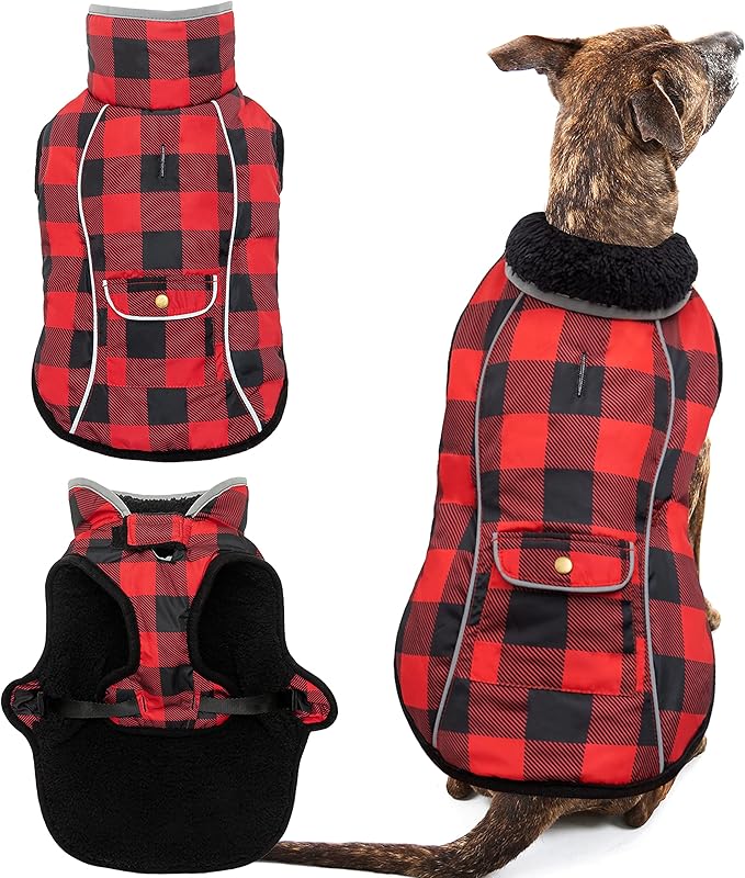 Dog Winter Coat - Warm Dog Clothes for Rain Snow Wind Cold Weather - Reflective Plaid Adjustable Windproof Pet Vest Jacket with Leash Hole for Small Medium Large Dogs Indoor Outdoor