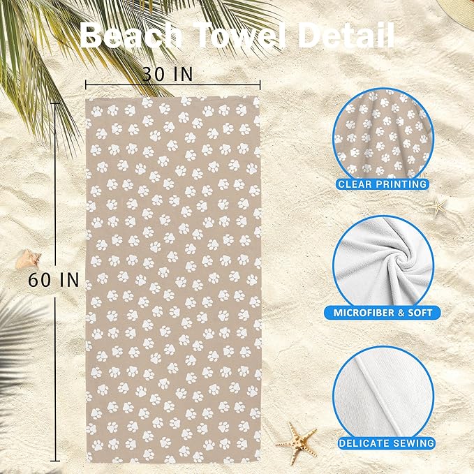 Brown Paws Dog Pet Beach Towel Gifts for Women Dog Lovers Owner, Funny Cute Quick Dry Travel Sand Free Beach Towels Oversized Decor for Bathroom Swimming Pool 30x60in