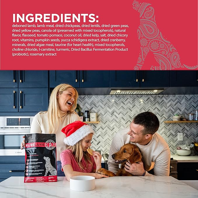PURELUXE Grain and Gluten Free Dog Food, Lamb and Chickpea Elite Nutrition, Hypoallergenic, for All Breeds and Sizes, All Life Stages, Made in The USA, 11lbs