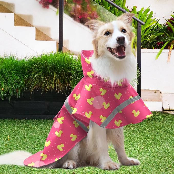 DELIFUR Large Dog Raincoat- Waterproof Dog Rain Poncho Adjustable Double Layer Rain Jacket with Hood for Medium Large Dogs Designed with Leash Hole Reflective Strip and Ducks (Pink Duck, X-Large)