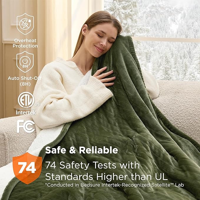 Bedsure Electric Blanket Twin - Soft Flannel Heated Blanket Twin Size, Fast Heating with 6 Time Settings (Up to 10H) & 6 Heat Settings, Warm Gift for Grandma (62x84 inches, Olive Green)