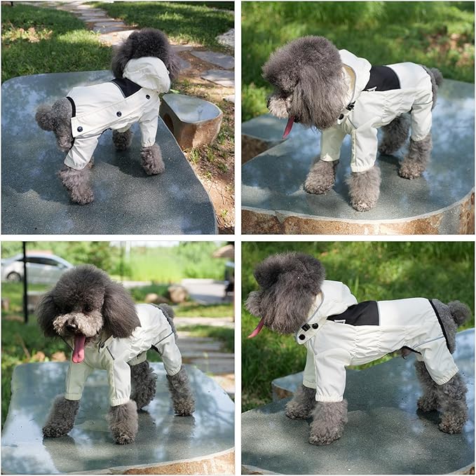 LOVELONGLONG Waterproof Dog Raincoat with Removable Hood – Outdoor Full Body Dog Jacket, Windproof Snowproof Shell Suit – All Season Pet Rain Gear Ivory L