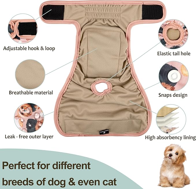 Dog Diapers Female(3 Pack) - No Leak Reusable Diapers for Doggy Female in Period - Highly Absorbent Dog Heat Panties with Adjustable Snaps Cute Dogs L