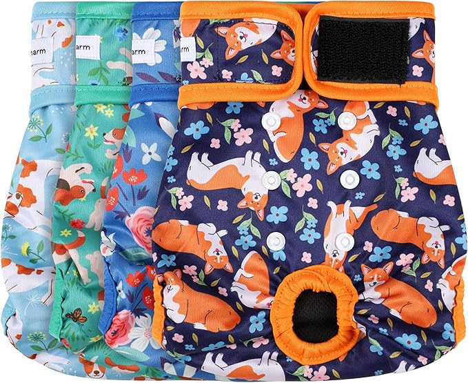 4 Pack Reusable Female Dog Diaper, Highly Absorbent Doggie Diapers for Female Dogs, Dog Diaper X-Large, Flowers & Dogs