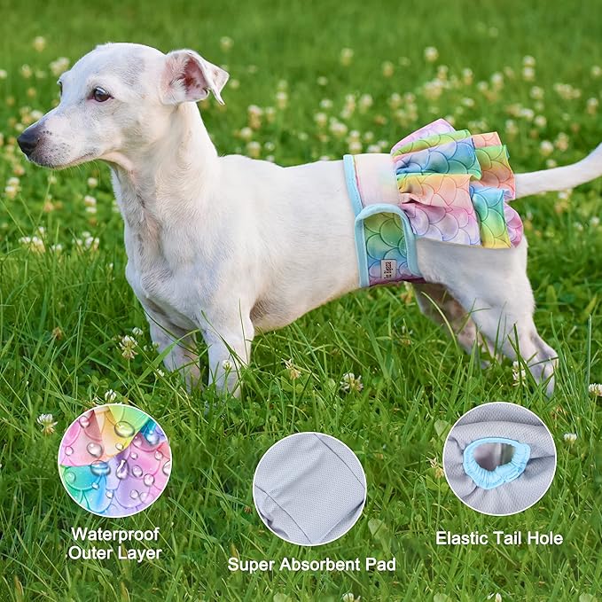 Dog Diapers Female (3 Pack), Reusable Pet Diapers for Female Dogs, Washable Dog Panties Diaper Skirt for Dogs in Heat, Period, Incontinence, or Excitable Urination(Large, Mermaid)