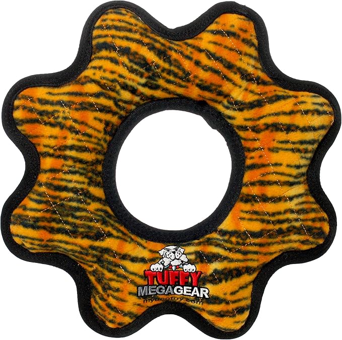TUFFY - World's Tuffest Soft Dog Toy - MEGA -Multiple Layers. Made Durable, Strong & Tough. Interactive Play (Tug, Toss & Fetch). Machine Washable & Floats (Gear Ring Tiger, Large 2 Pack)