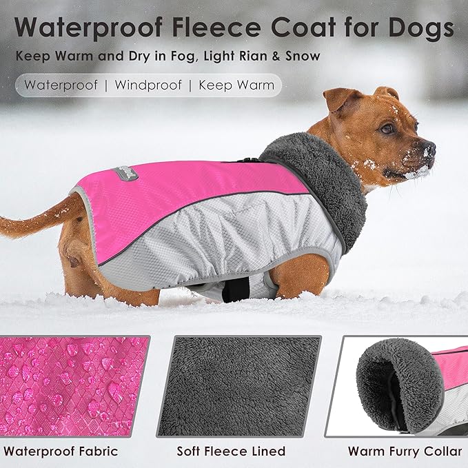 Dog Coat, Waterproof Ripstop Dog Winter Jacket with Leash Hole, Reflective Adjustable Warm Pet Fleece Snow Sweater for Small Medium Large Dogs - Pink, S