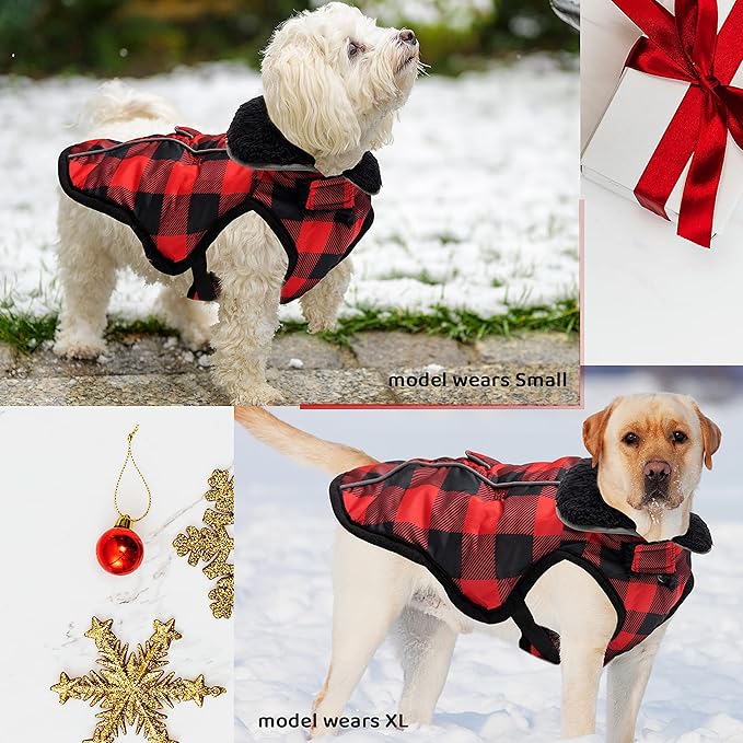 Dog Winter Coat - Warm Dog Clothes for Rain Snow Wind Cold Weather - Reflective Plaid Adjustable Windproof Pet Vest Jacket with Leash Hole for Small Medium Large Dogs Indoor Outdoor