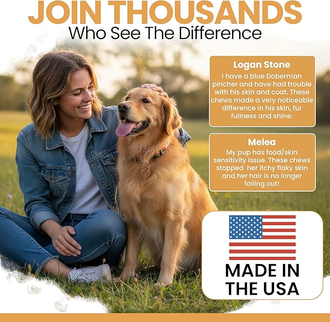 Omega 3 Fish Oil for Dogs - 180 Soft Chews for Itch Relief, Shedding & Hot Spots - Skin and Coat Supplement - Salmon Oil, EPA & DHA - Allergy Chews - Made in USA - Chew + Heal