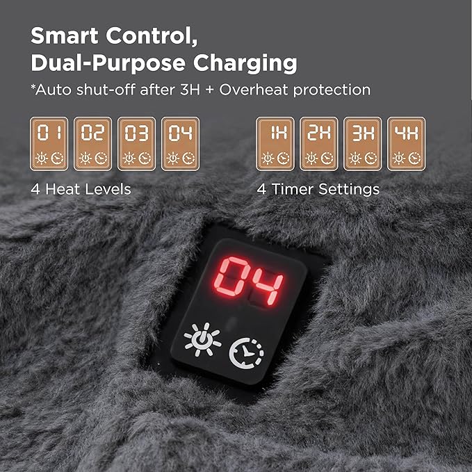 Bedsure Portable Heated Wearable Blanket Hoodie - Faux Cashmere Electric Blanket with 20000mAh Battery Pack, Cordless USB Heated Throw, Winter Gifts for Women, 4 Heat Levels & 4 Timers, 22"x43", Grey