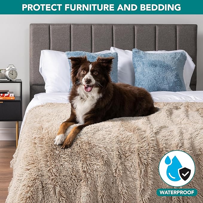 PetAmi Waterproof Dog Blanket for Large Dog, Queen Size Calming Pet Blanket Couch Cover Protector, Sherpa Faux Fur Cat Throw for Sofa Furniture Bed, Soft Fluffy XL, 90x90 Taupe