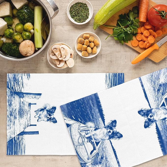 Lake House Decor Papillon Kitchen Towels Set of 2, Summer Funny Lake Dog Coastal Bathroom Hand Towel, Dog Lover Gifts Tea Towel Dish Towels 16x24 Inch