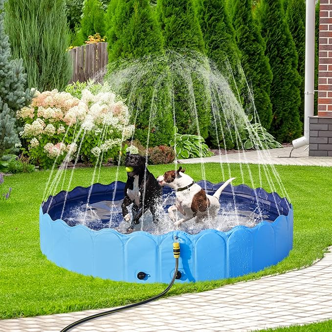 Yaheetech Foldable Dog Bath Pool Collapsible Dog Bathing Tub Doggie Wading Pool with Sprinkler for Indoor/Outdoor Use Suitbale for Puppy Small Medium Dogs Cats(Blue, 79x13 inch)