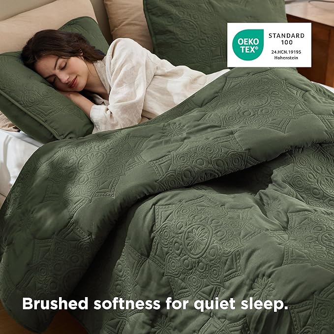 Bedsure Quilts Queen Size - Stitch-Free Ultrasonic Quilting,Olive Green Bedspread with Modern Vintage Mandala Embossed Pattern, Lightweight All-Season Comforter & Coverlet, 90 x 96 Inches | Stitch-Free Quilting, Ultra Soft, Lightweight, Machine Washabl...