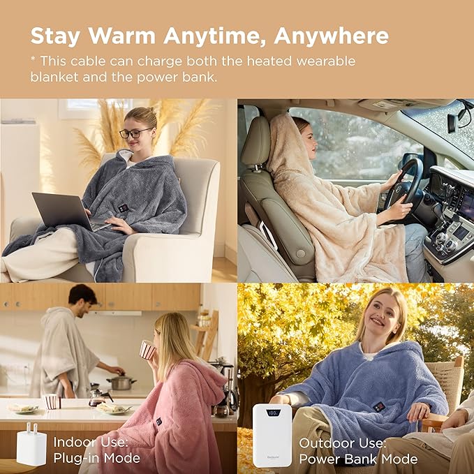 Bedsure Cordless Wearable Heated Blanket - Fluffy Electric Blanket Hoodie with 20000mAh Battery Pack, Portable USB Heated Shawl as Winter Gifts for Women Mom, 4 Heat Levels & 4 Timers, 55"x69", Cream