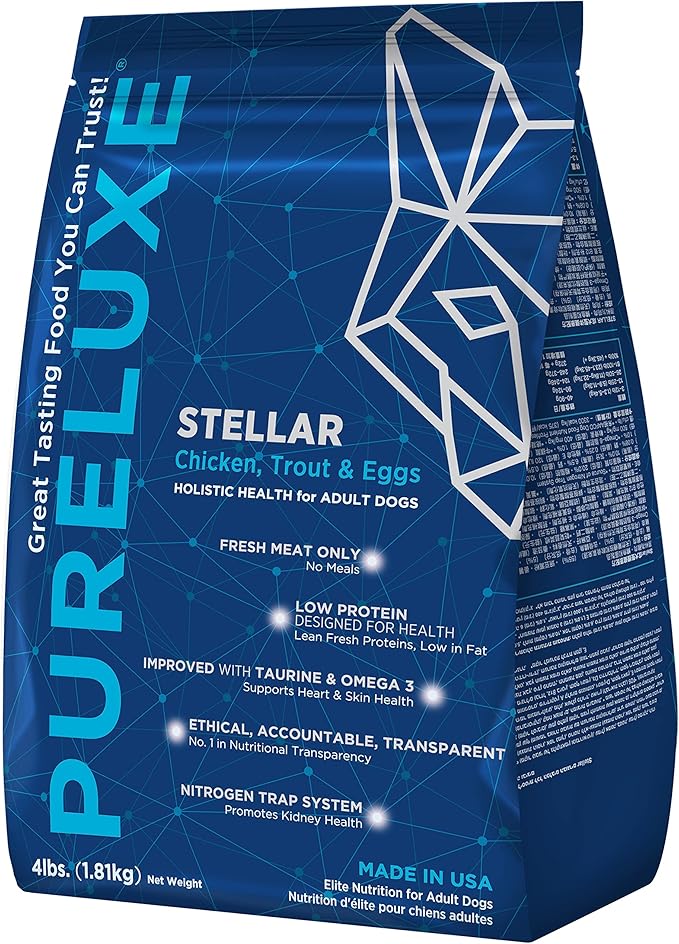 PURELUXE Grain & Gluten Free Dog Food, Stellar Holistic Low Protein & Fat Chicken, Trout & Eggs for Adult & Senior Dogs