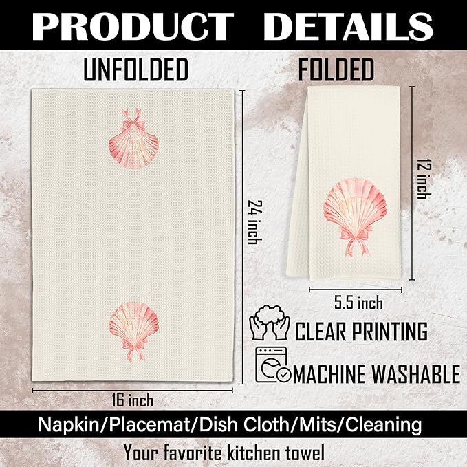 Coquette Pink Bow Seashell Beach Kitchen Towels&Preppy Beach Coastal Nautical Hand Dish Towels for Kitchen Bathroom&Beach Girly Coquette Bathroom Decor, 16x24 Inch