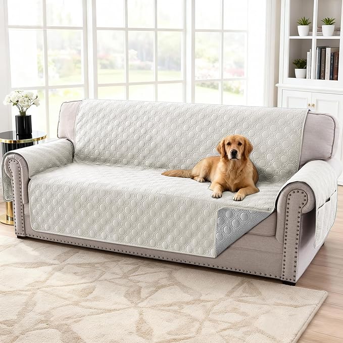 H.VERSAILTEX 100% Waterproof Couch Cover for 3 Cushion Couch Sofa Cover Washable for Pet Friendly with Elastic Straps Thick Durable Sofa Cover with Storage Pocket(XL Sofa, Beige)