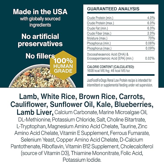 JustFoodForDogs Vet RX Frozen Fresh Prescription Dog Food, Human Grade, Vet Recommended Fresh Pet Meal or Toppers, Limited Ingredient, Prescription Diet, Renal Support 18 oz - 7 Pack