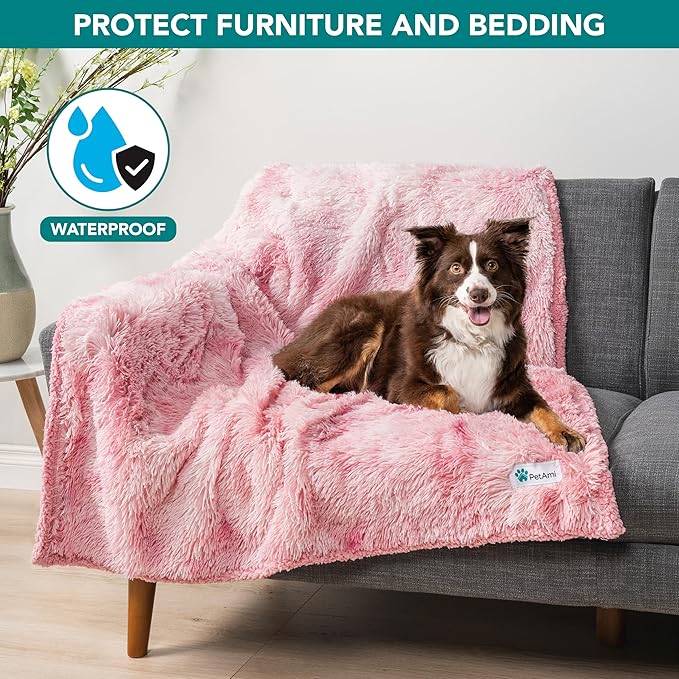 PetAmi Waterproof Dog Blanket for Large Dog, Calming Pet Blanket Bed Couch Cover Protector, Washable Sherpa Faux Fur Throw for Sofa Furniture Protection, Soft Fluffy 60x80 Tie-Dye Pink