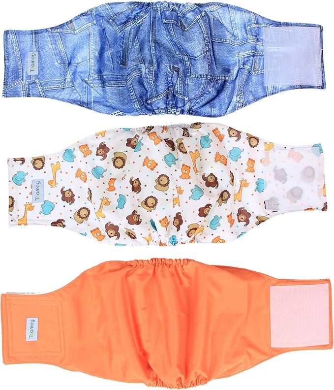 Teamoy Reusable Wrap Diapers for Male Dogs, Washable Puppy Belly Band Pack of 3 (L2, 20"-24" Waist, Orange+ Denim+ Fat Smile)