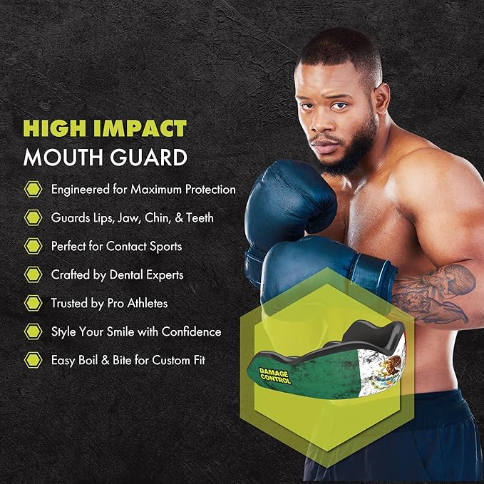 DAMAGE CONTROL High-Impact Mouth Guard – Sports Mouthguard for Boxing, Football, Hockey, Lacrosse & Basketball, Protects Teeth & Jaw, Protective Mouthpiece for Adults & Youth (Youth, Mexican Flag)
