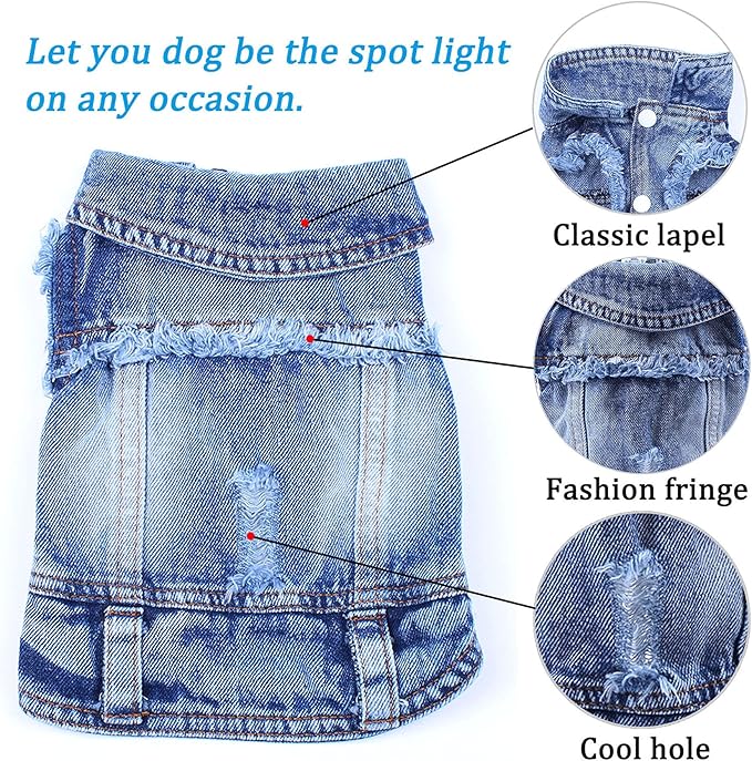 Jean Jacket, Blue Denim Lapel Vest Coat T-Shirt Costume for Small Medium Dogs Cats, Cute Girl Boy Puppy Clothes, Comfort and Cool Apparel, Machine Washable Outfits (L, Blue)