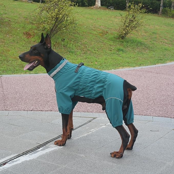 Winter Waterproof Dog Snowsuit – Full Body Outdoor Jacket with Leash Ring, Fleece Lining, Windproof Reflective 4-Leg Dog Coat for Small to Large Dogs Teal Blue 3XL