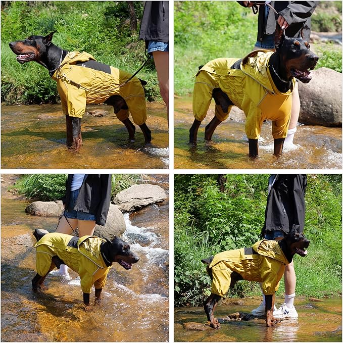 LOVELONGLONG Waterproof Dog Raincoat with Removable Hood – Outdoor Full Body Dog Jacket, Windproof Snowproof Shell Suit – All Season Pet Rain Gear Mustard Yellow 4XL