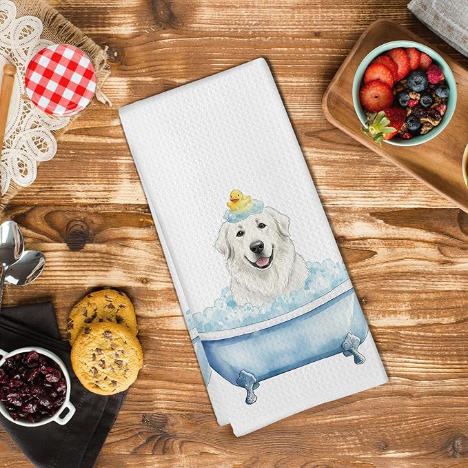 Funny Great Pyrenees Gifts Bathroom Hand Towel, Great Pyrenees Duck Gifts Hand Towel for Bathroom Kitchen Washroom Decor, Funny Dog in Bathtub Dish Tea Towels, 16x24 Inch