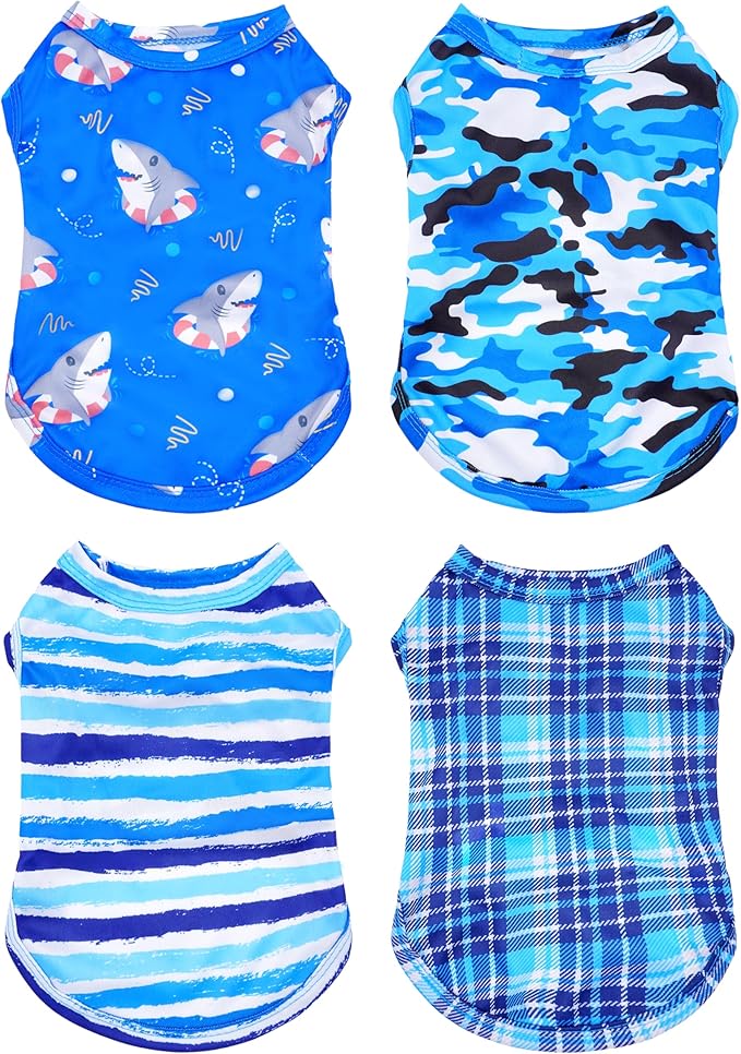 PET SHOW 4 Pack Paw Bone Printed Dog Clothes Shirts Soft Vest Lightweight Sleeveless Cats Doggies T-Shirts Puppies Tank Top Tee for Small Medium Dogs White Black Pink Blue (Large, Blue for Boys)