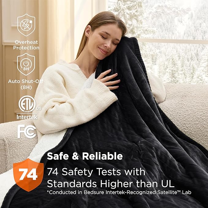 Bedsure Electric Blanket Twin - Soft Flannel Heated Blanket Twin Size, Fast Heating with 6 Time Settings (Up to 10H) & 6 Heat Settings, Warm Gift for Grandma (62x84 inches, Black)