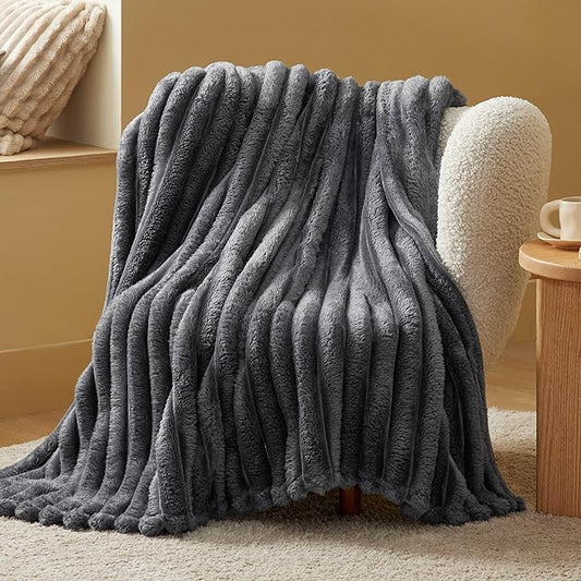 Bedsure Throw Blanket for Couch - 350GSM Super GentleSoft Fuzzy Fluffy Cozy Fleece Blankets for Women, Cute Small Plush Throws for Girls, Grey, 50x60 Inches, Wider Striped Design
