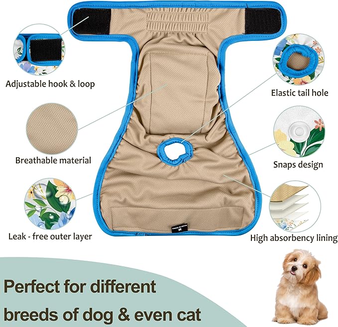 Dog Diapers Female- Reusable Diapers for Doggie in Heat - Highly Absorbent for Pet Incontinence with Adjustable Snaps Green, M