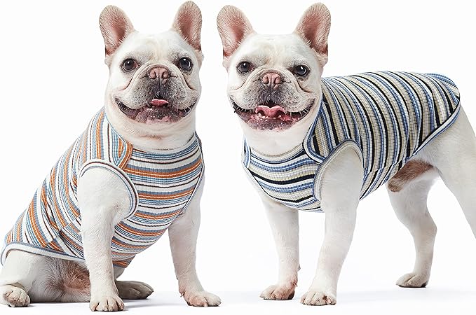 Dog Shirts Vest Cotton Striped T-Shirt, Sleeveless Stretchy Pet Clothes for Small Dogs, 2-Pack Soft Breathable Puppy Tank Top Cat Tee (Small, Blue,Yellow)