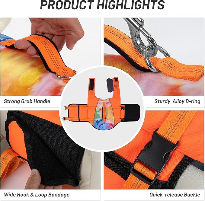cyeollo Dog Life Jacket Ripstop Dog Life Vest, Pet Safety Vest with Rescue Hadle for Swimming Boating, Reflective Lifejackets with Front Float for Small Medium Large Dogs, Tie Dye Orange M