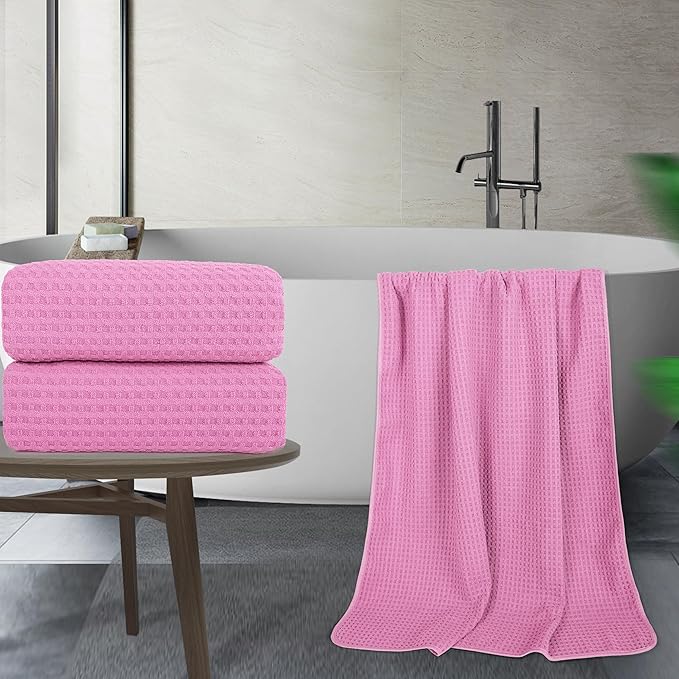 POLYTE Microfiber Oversize Quick Dry Lint Free Bath Towel, 60 x 30 in, Set of 2 (Pink, Waffle Weave)